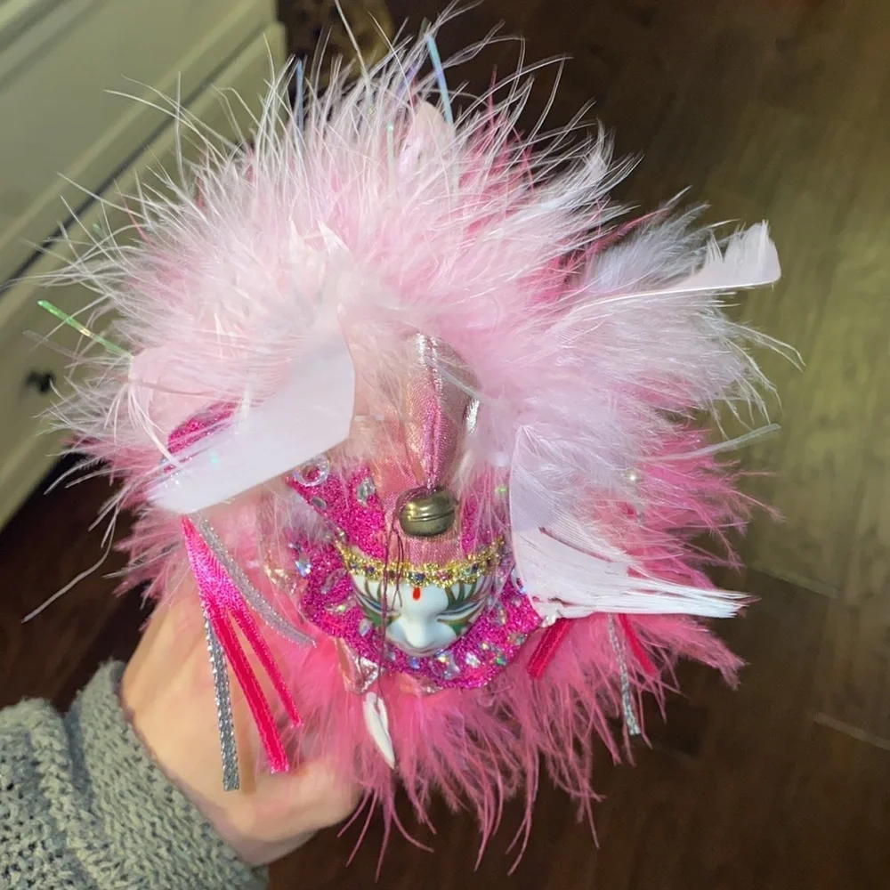 Mardi Gras mask pink feather headband with gold glitter think band headpiece​